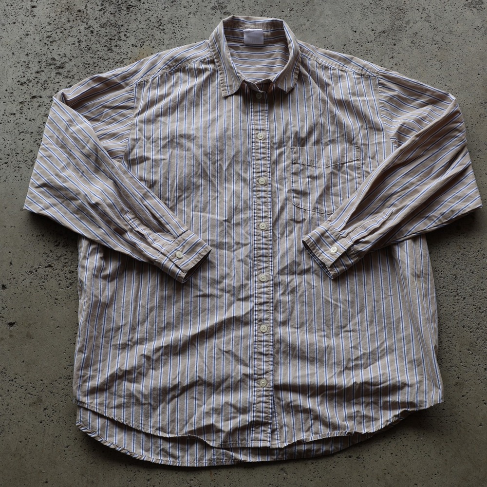 Gap The Big Shirt Oversized Tan Blue Striped Button Down Women's Size L